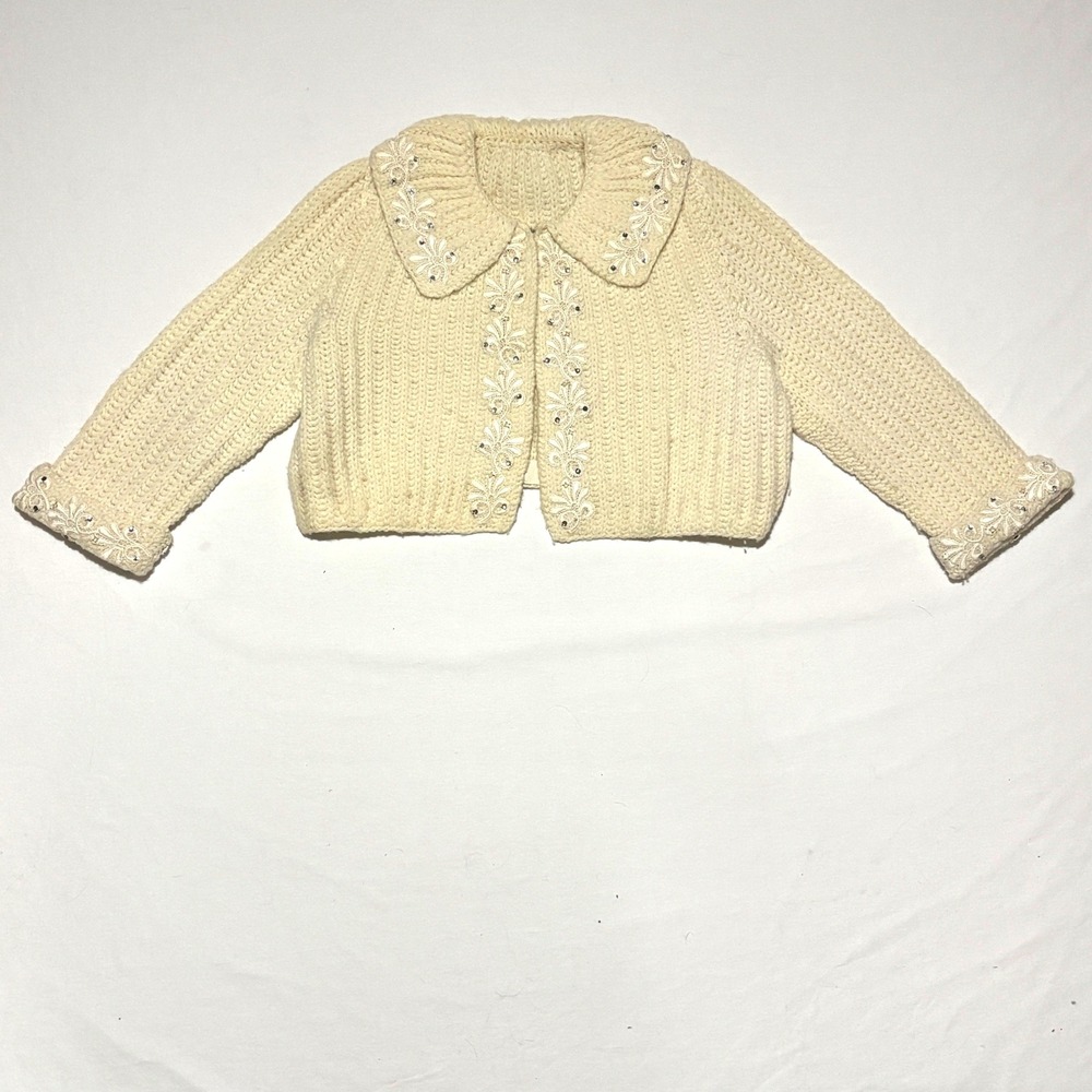 Handmade Cropped Cardigan Women M Cream Good Lace Rhinestone Chunky Knit Bolero